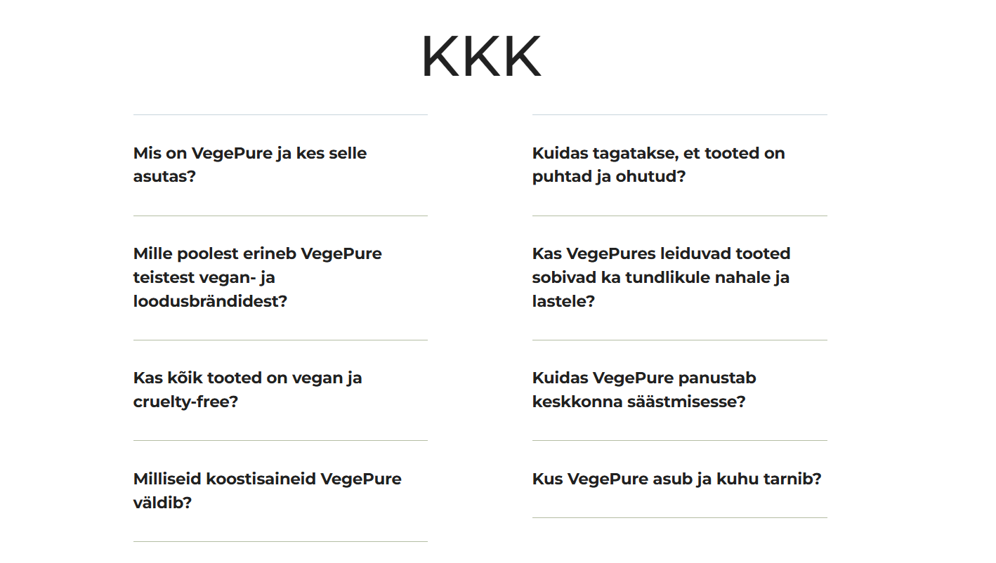 KKK sektsioon veebilehel aitab vastata klientide kõige sagedasematele küsimustele, parandab kasutajakogemust ning toetab kodulehe nähtavust Google’is ja AI otsi
