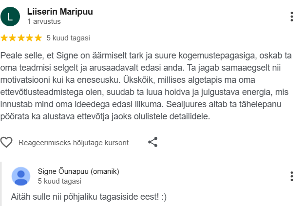 alustava-ettevõtja-konsultatsioon-signe-õunapuu-tagasiside